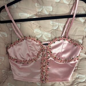 SHEIN Pink Satin Rose Embroidered Crop Top
